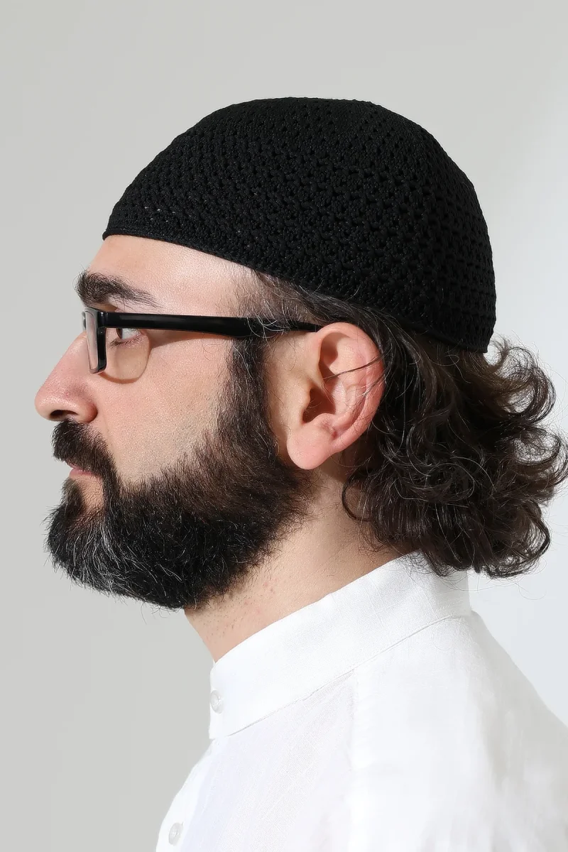 Kehribar Örme Namaz Takkesi, Örgü Motifli Takke Siyah - 5