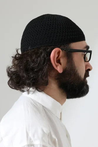 Kehribar Örme Namaz Takkesi, Örgü Motifli Takke Siyah - 6