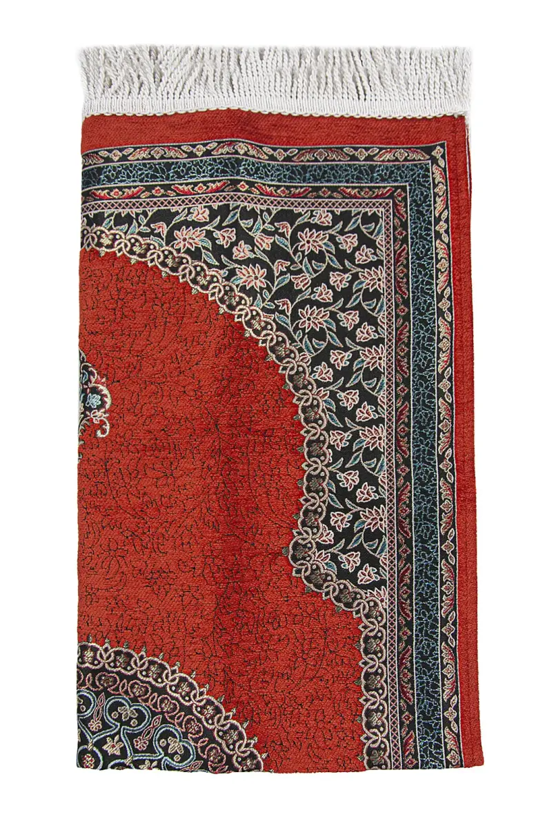 Kiremit Geleneksel Motifli Örgü Saçaklı Mihraplı Astarlı Şönil Seccade - 3