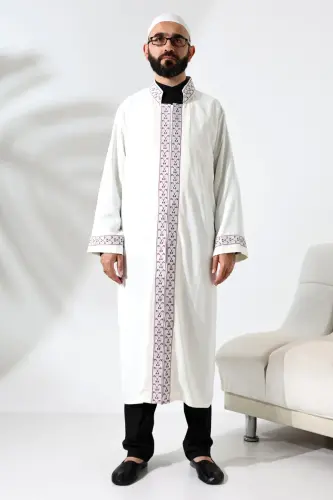 Kırmızı Desen İşlemeli Krem Hakim Yaka Çıt Çıtlı, Cepli İmam Cübbesi - ihvanonline (1)