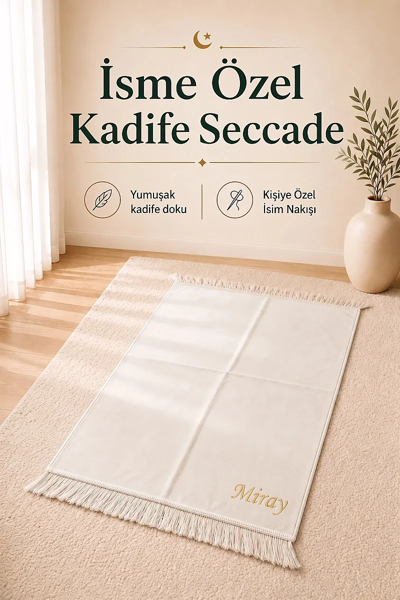 Kişiye Özel İsim Nakışlı Kadife Seccade ve İsimli Kadife Yasin Hediye Seti – Krem - 2