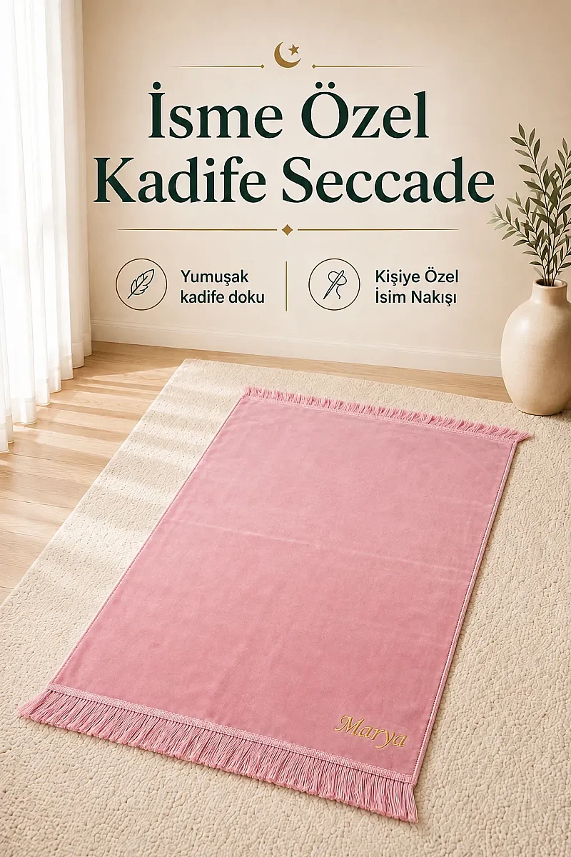 Kişiye Özel İsim Nakışlı Kadife Seccade ve İsimli Kadife Yasin Hediye Seti – Pembe - 2