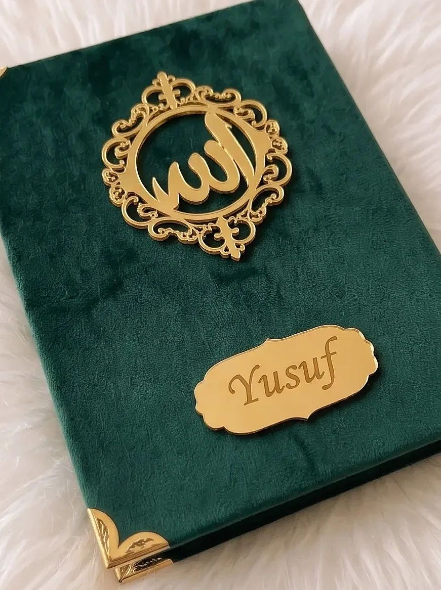Kişiye Özel İsim Nakışlı Kadife Seccade ve İsimli Kadife Yasin Hediye Seti – Yeşil - 3