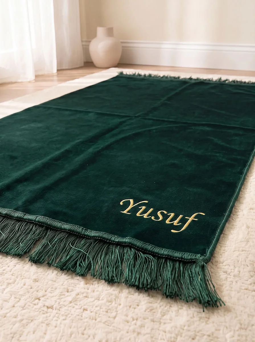 Kişiye Özel İsim Nakışlı Kadife Seccade ve İsimli Kadife Yasin Hediye Seti – Yeşil - 5