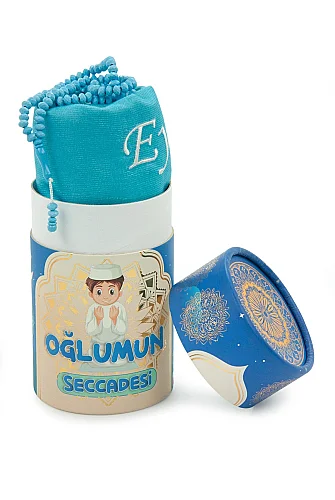Kişiye Özel İsimli Çocuk Seccadesi Tesbihli Silindir Kutulu – Oğlumun Seccadesi Mavi - 12