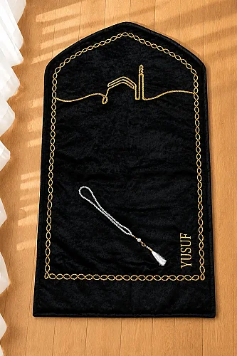 Kişiye Özel İsimli Kabe İşlemeli Kadife Çift Seccadesi Seti Gelin Damat Bohçası Çeyizlik Siyah Beyaz - 4