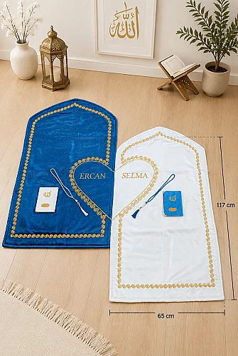 Kişiye Özel İsimli Kalpli Seccade Gelin Damat Bohçası Çift Seccadesi Çeyizlik Hediyelik Set Mavi Krem - ihvanonline (1)