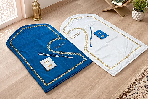 Kişiye Özel İsimli Kalpli Seccade Gelin Damat Bohçası Çift Seccadesi Çeyizlik Hediyelik Set Mavi Krem - 3