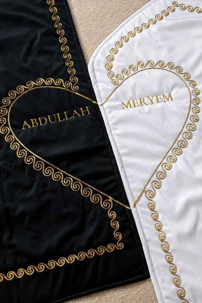 Kişiye Özel İsimli Kalpli Seccade Gelin Damat Bohçası Çift Seccadesi Tesbihli Çeyizlik Hediyelik Set - 5