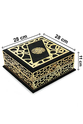 Kişiye Özel Kadife Kaplı Vav Desenli İsimli Kuranı Kerim Seccade Sandıklı Hediye Seti - Siyah - 4
