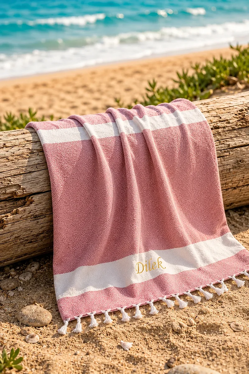 Kişiye Özel Nakışlı Pamuklu Peştemal Plaj Banyo Hediyelik Hamam Havlusu Kırmızı - 2
