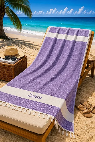 Kişiye Özel Nakışlı Pamuklu Peştemal Plaj Banyo Hediyelik Hamam Havlusu Mor 
