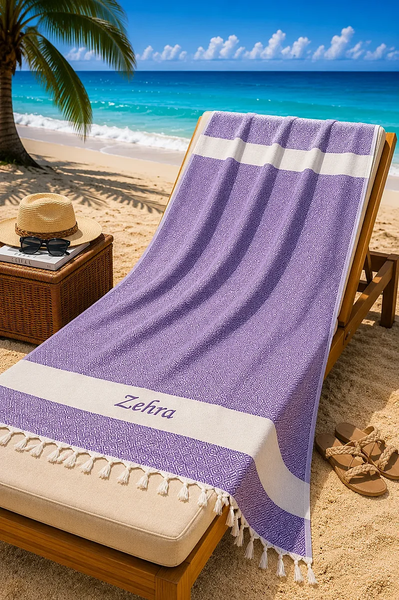 Kişiye Özel Nakışlı Pamuklu Peştemal Plaj Banyo Hediyelik Hamam Havlusu Mor - 1