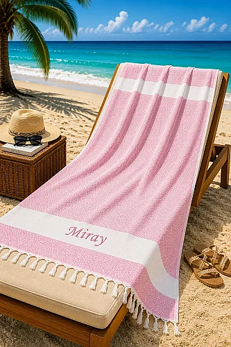 Kişiye Özel Nakışlı Pamuklu Peştemal Plaj Banyo Hediyelik Hamam Havlusu Pembe 