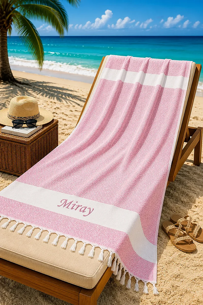 Kişiye Özel Nakışlı Pamuklu Peştemal Plaj Banyo Hediyelik Hamam Havlusu Pembe - 1