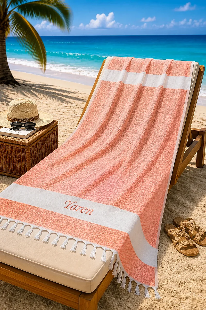 Kişiye Özel Nakışlı Pamuklu Peştemal Plaj Banyo Hediyelik Hamam Havlusu Turuncu - 1