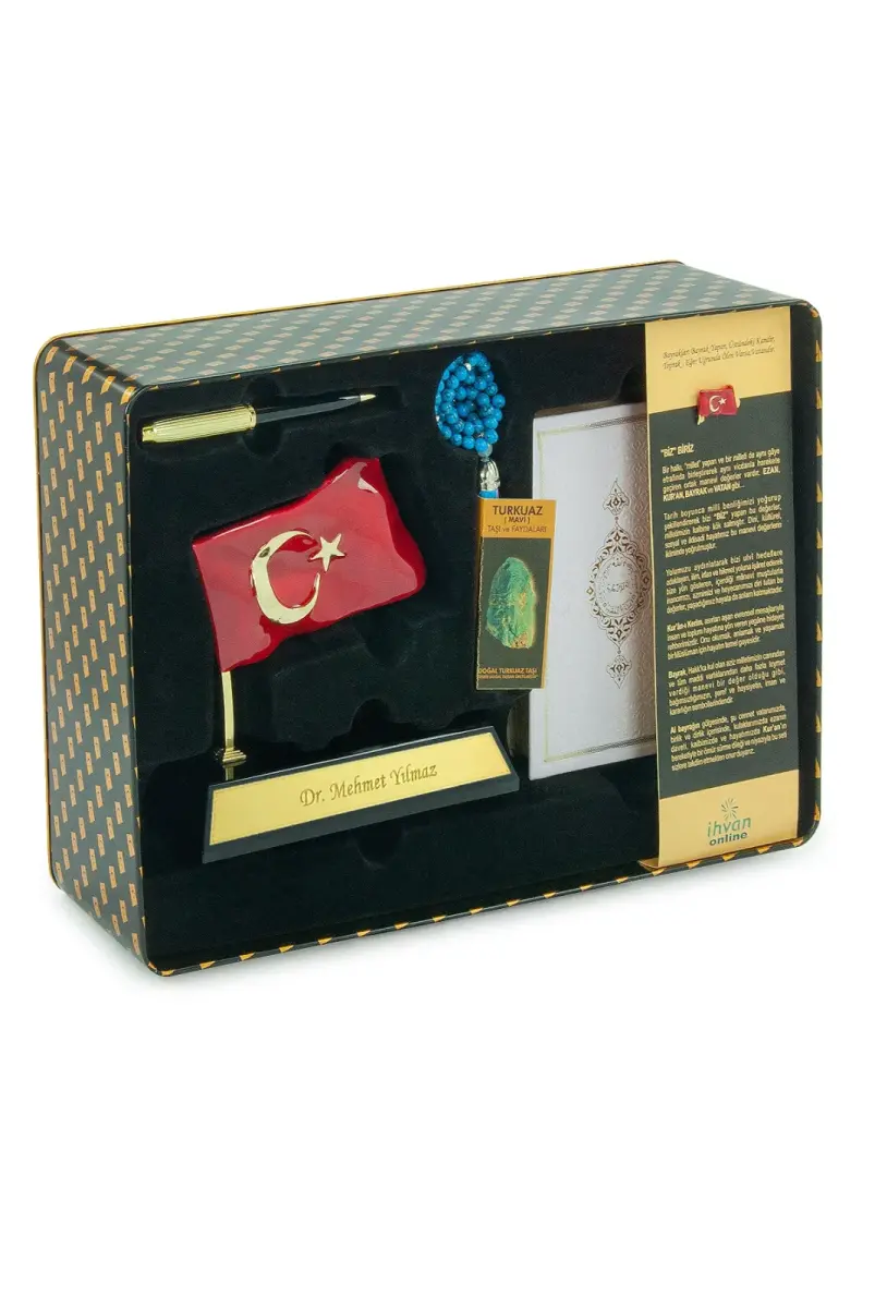  Kişiye Özel Ofis Masaüstü Türk Bayraklı İsimlik, Kuranı Kerim, Kalem, Rozet ve Tesbih Kurumsal Hediyelik Set - 6
