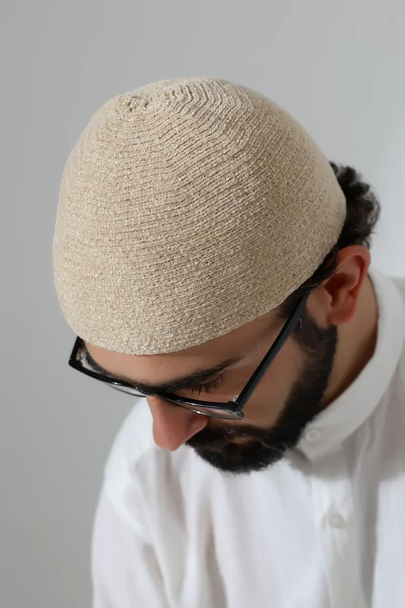 Kışlık Kadife Takke Düz Desen - Krem - 2