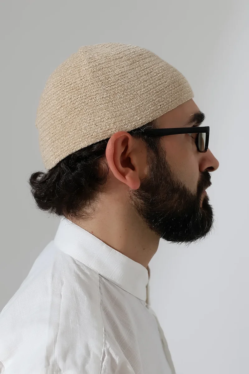 Kışlık Kadife Takke Düz Desen - Krem - 4
