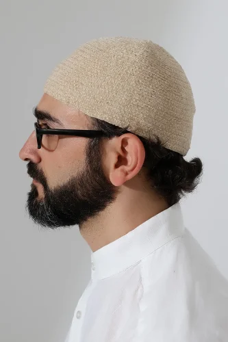 Kışlık Kadife Takke Düz Desen - Krem - 6