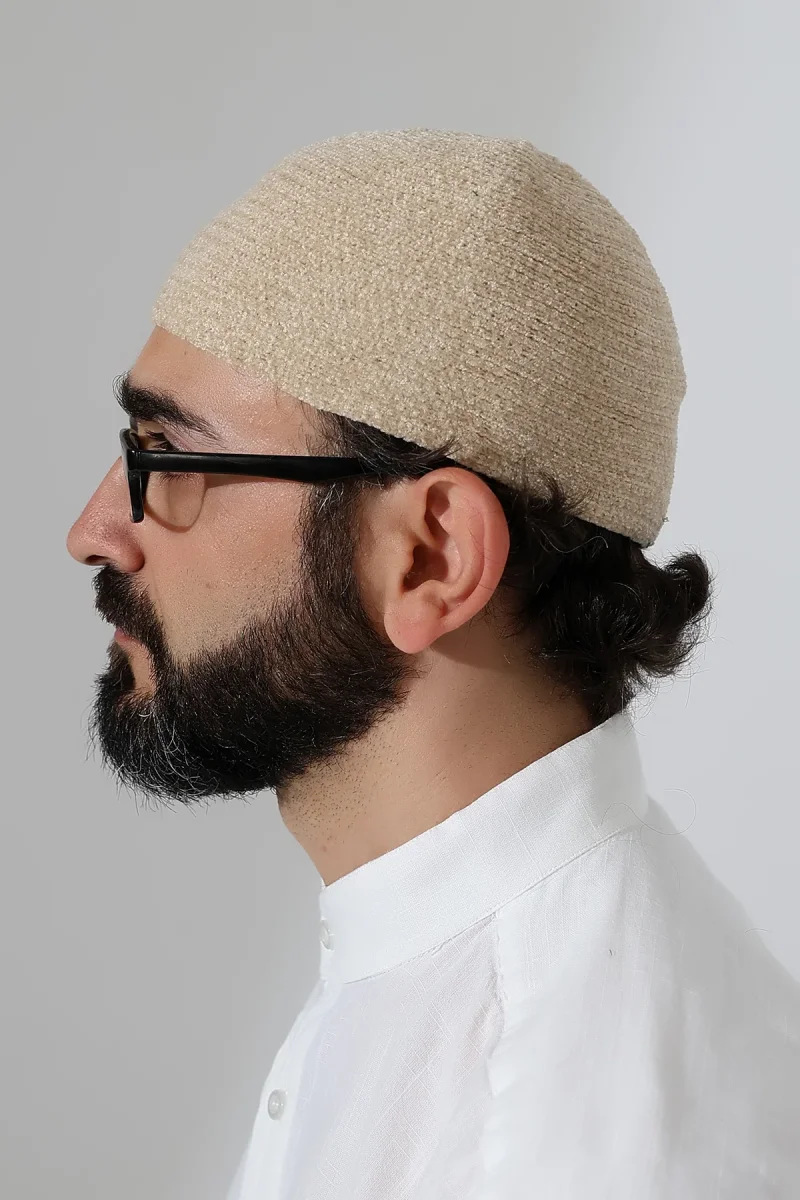 Kışlık Kadife Takke Düz Desen - Krem - 6