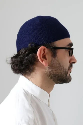 Kışlık Kadife Takke Düz Desen - Lacivert - 3