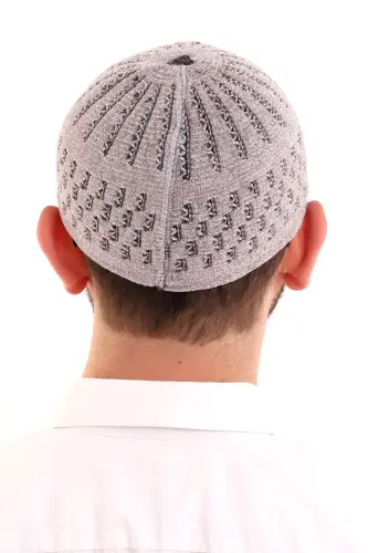 Kışlık Kadife Takke Hasır Desenli - Gri - 5