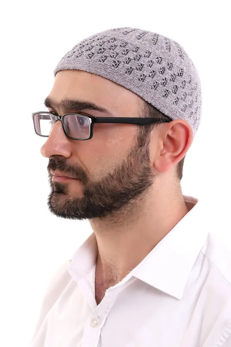 Kışlık Kadife Takke Hasır Desenli - Gri - 4