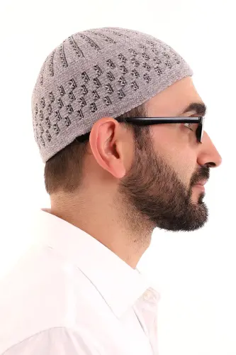 Kışlık Kadife Takke Hasır Desenli - Gri - 3