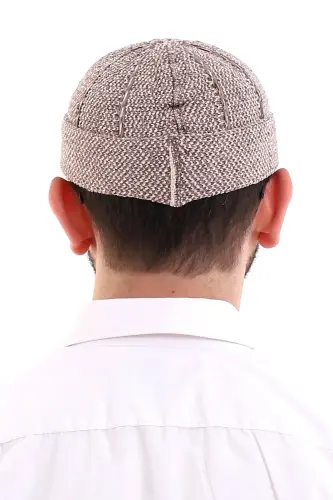 Kahverengi Katlamalı Çift Renk Kışlık Kadife Takke - 5