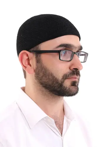 Kışlık Kadife Takke Düz Desen - Siyah - 3