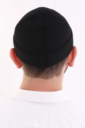 Siyah Katlamalı Sade Desen Kışlık Orlon Takke Şapka - 3