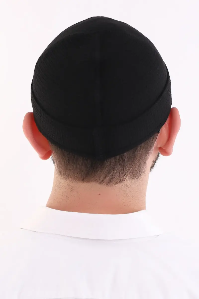 Siyah Katlamalı Sade Desen Kışlık Orlon Takke Şapka - 3