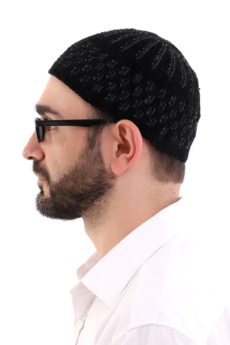 Kışlık Kadife Takke Hasır Desen - Siyah-Gri - 3