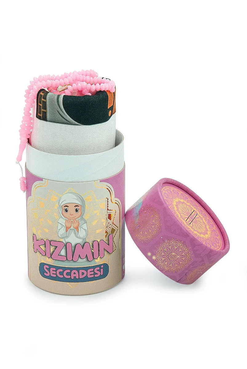 Kız Çocuk İsimli Kişiye Özel Seccade Seti Silindir Kutulu - Pembe - 5