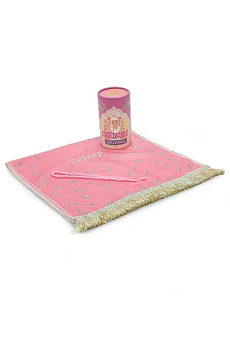 Kız Çocuk İsimli Kişiye Özel Seccade Seti Silindir Kutulu - Pembe - 7