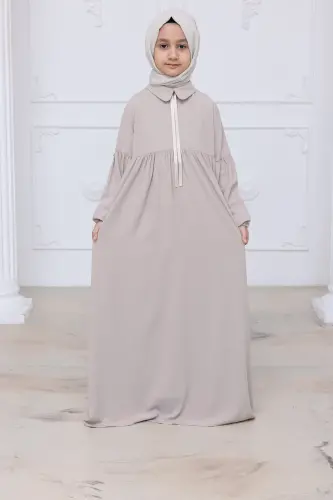 Kız Çocuk Pamuklu Tam Boy Tesettür Elbise Bebe Yaka Bağcıklı Kolu Lastikli - Taş 