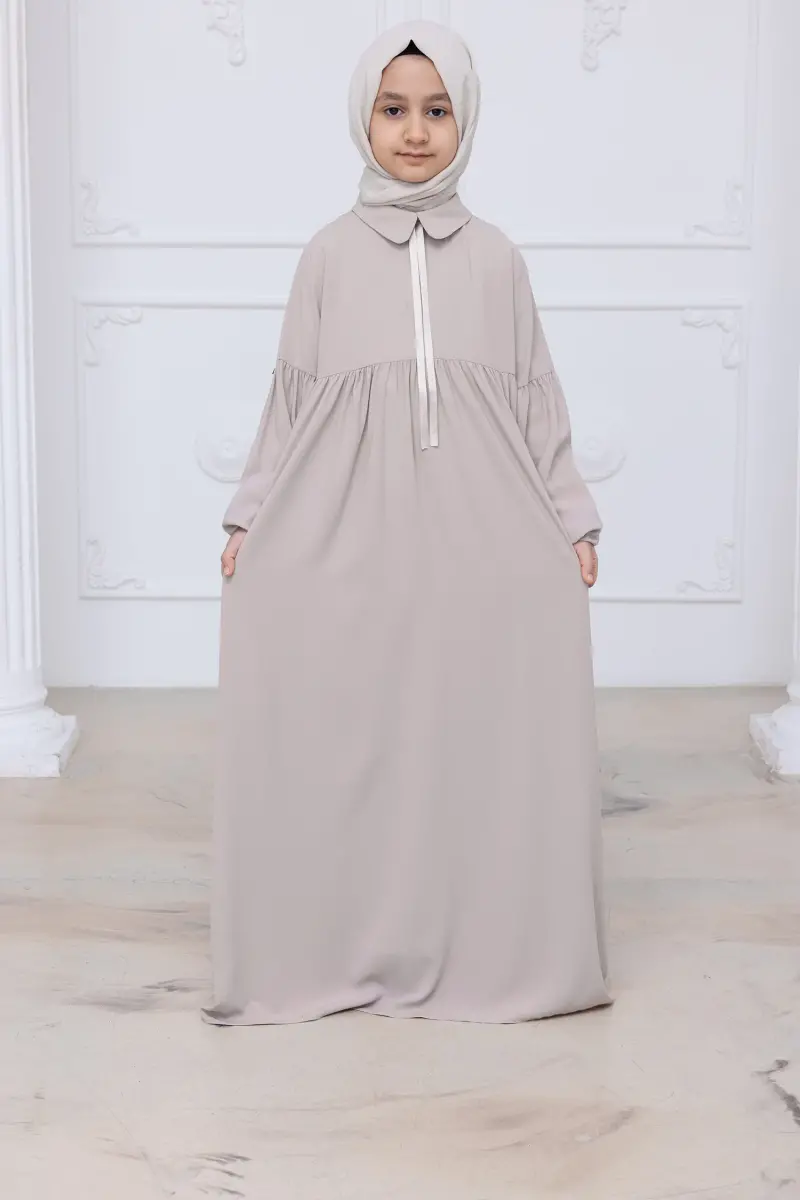 Kız Çocuk Pamuklu Tam Boy Tesettür Elbise Bebe Yaka Bağcıklı Kolu Lastikli - Taş - 1