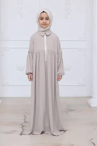 Kız Çocuk Pamuklu Tam Boy Tesettür Elbise Bebe Yaka Bağcıklı Kolu Lastikli - Taş - 2