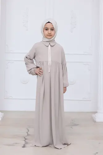Kız Çocuk Pamuklu Tam Boy Tesettür Elbise Bebe Yaka Bağcıklı Kolu Lastikli - Taş - 3