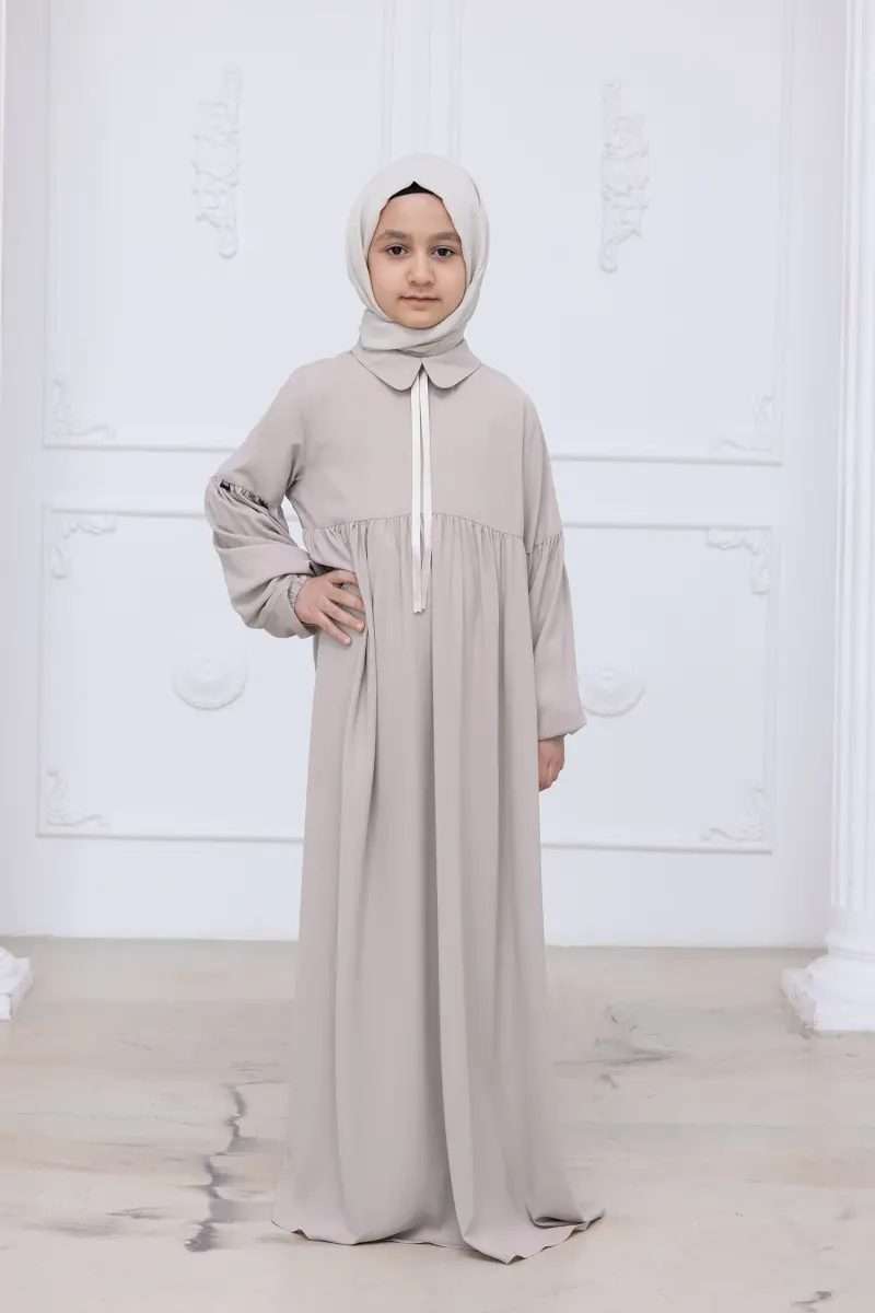 Kız Çocuk Pamuklu Tam Boy Tesettür Elbise Bebe Yaka Bağcıklı Kolu Lastikli - Taş - 3