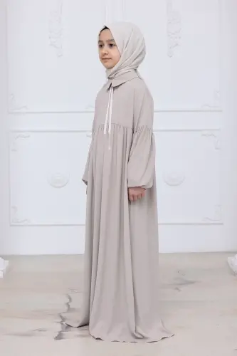 Kız Çocuk Pamuklu Tam Boy Tesettür Elbise Bebe Yaka Bağcıklı Kolu Lastikli - Taş - 4