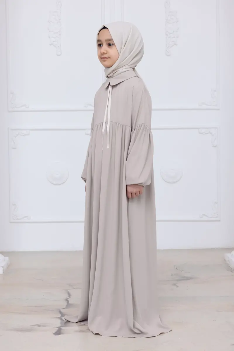 Kız Çocuk Pamuklu Tam Boy Tesettür Elbise Bebe Yaka Bağcıklı Kolu Lastikli - Taş - 4