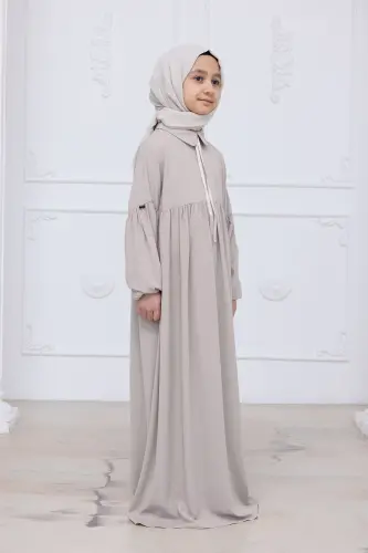 Kız Çocuk Pamuklu Tam Boy Tesettür Elbise Bebe Yaka Bağcıklı Kolu Lastikli - Taş - 5