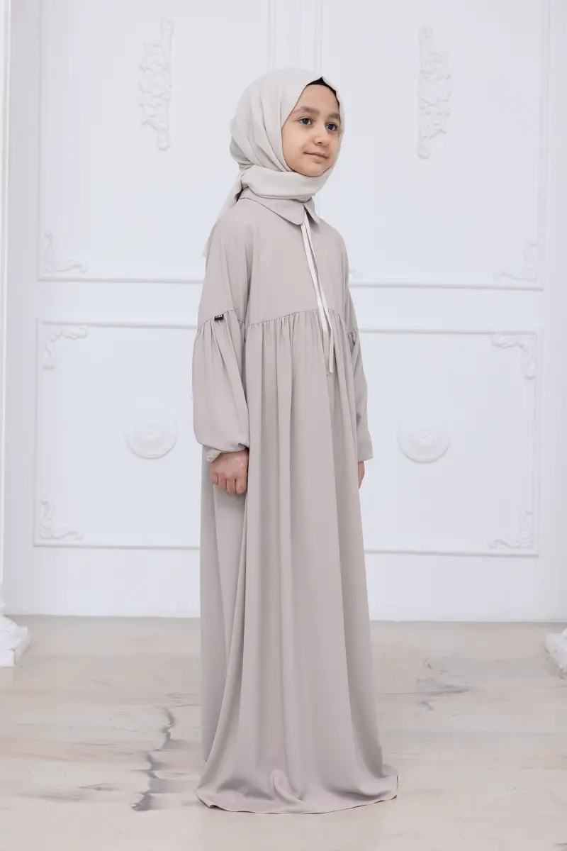 Kız Çocuk Pamuklu Tam Boy Tesettür Elbise Bebe Yaka Bağcıklı Kolu Lastikli - Taş - 5