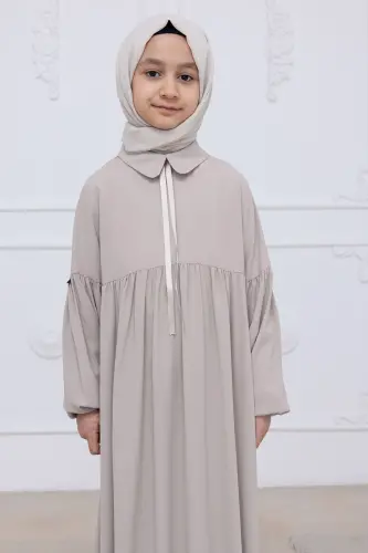 Kız Çocuk Pamuklu Tam Boy Tesettür Elbise Bebe Yaka Bağcıklı Kolu Lastikli - Taş - 6