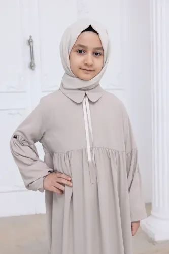 Kız Çocuk Pamuklu Tam Boy Tesettür Elbise Bebe Yaka Bağcıklı Kolu Lastikli - Taş - 7