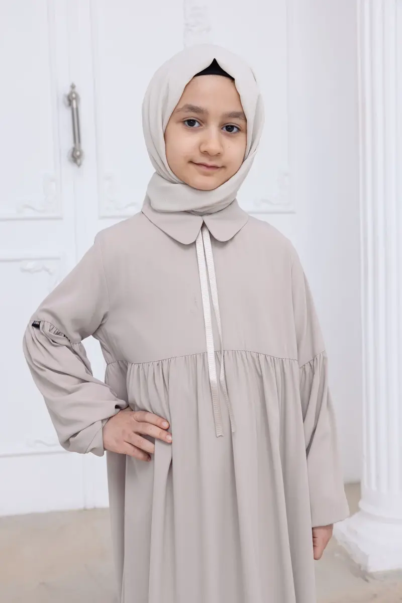 Kız Çocuk Pamuklu Tam Boy Tesettür Elbise Bebe Yaka Bağcıklı Kolu Lastikli - Taş - 7