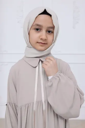 Kız Çocuk Pamuklu Tam Boy Tesettür Elbise Bebe Yaka Bağcıklı Kolu Lastikli - Taş - 8