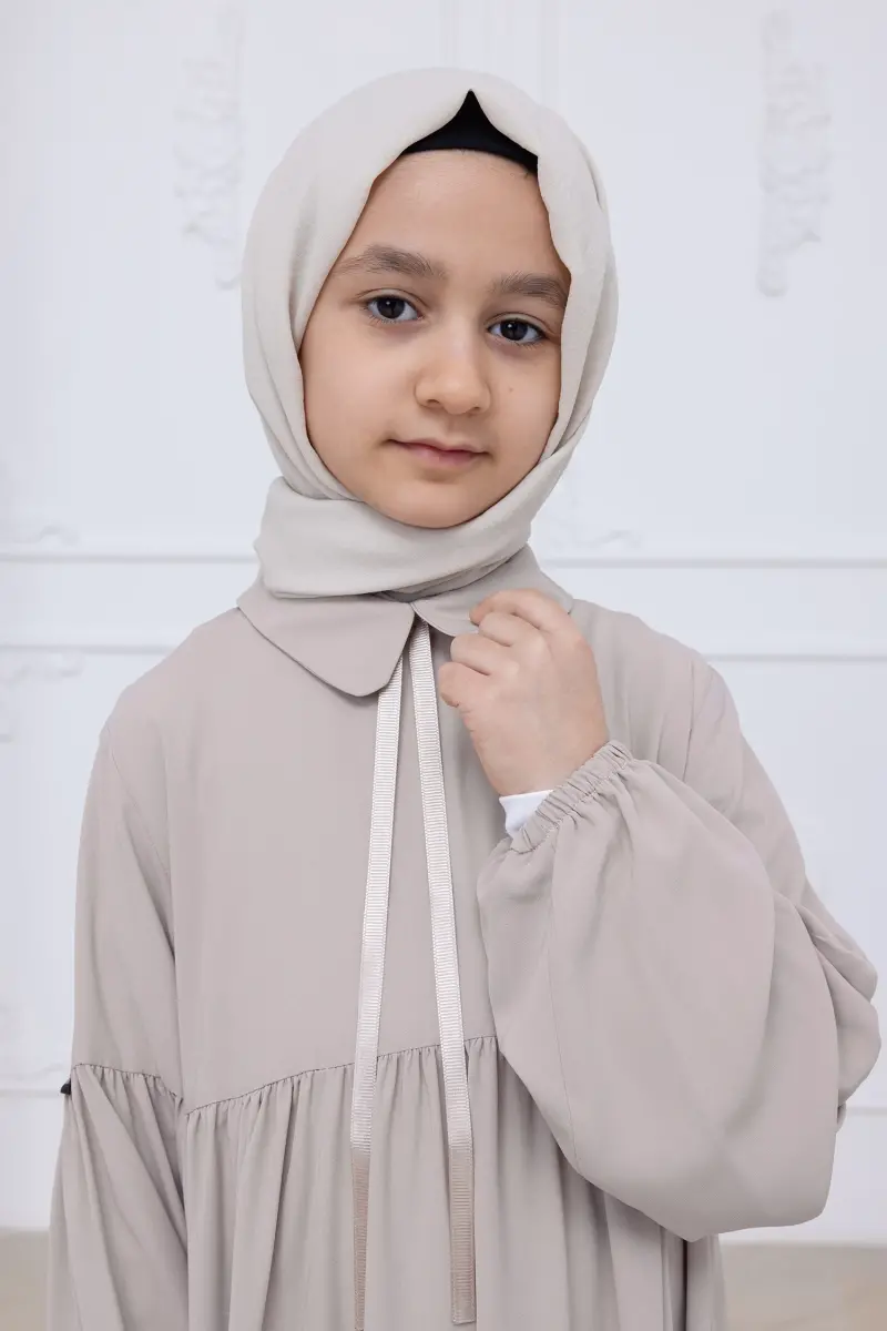 Kız Çocuk Pamuklu Tam Boy Tesettür Elbise Bebe Yaka Bağcıklı Kolu Lastikli - Taş - 8